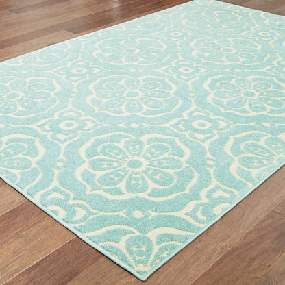 10' X 13' Blue and Ivory Floral Stain Resistant Indoor Outdoor Area Rug