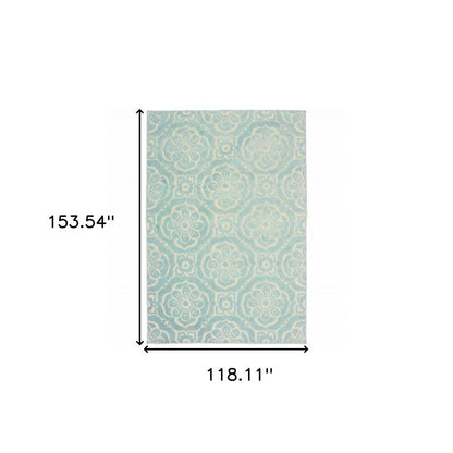 10' X 13' Blue and Ivory Floral Stain Resistant Indoor Outdoor Area Rug