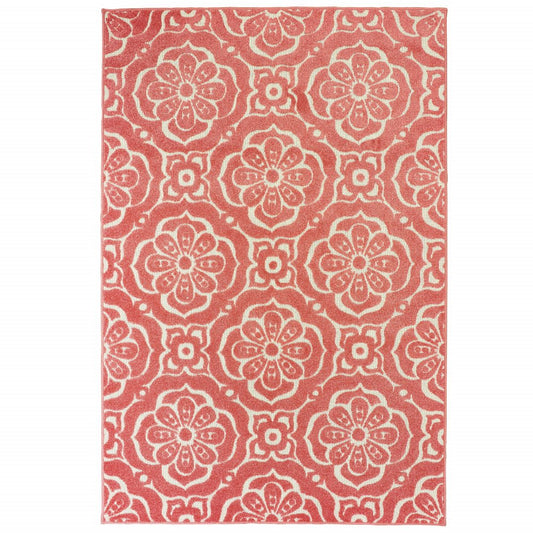 10' X 13' Pink Floral Stain Resistant Indoor Outdoor Area Rug