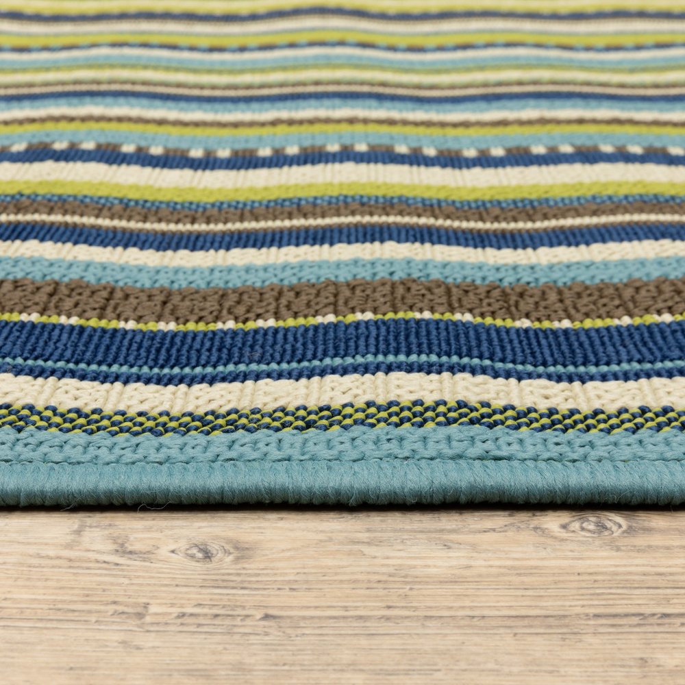 9' X 13' Blue and Green Striped Stain Resistant Indoor Outdoor Area Rug