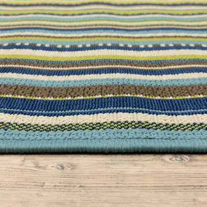 9' X 13' Blue and Green Striped Stain Resistant Indoor Outdoor Area Rug