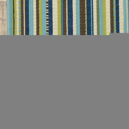 9' X 13' Blue and Green Striped Stain Resistant Indoor Outdoor Area Rug