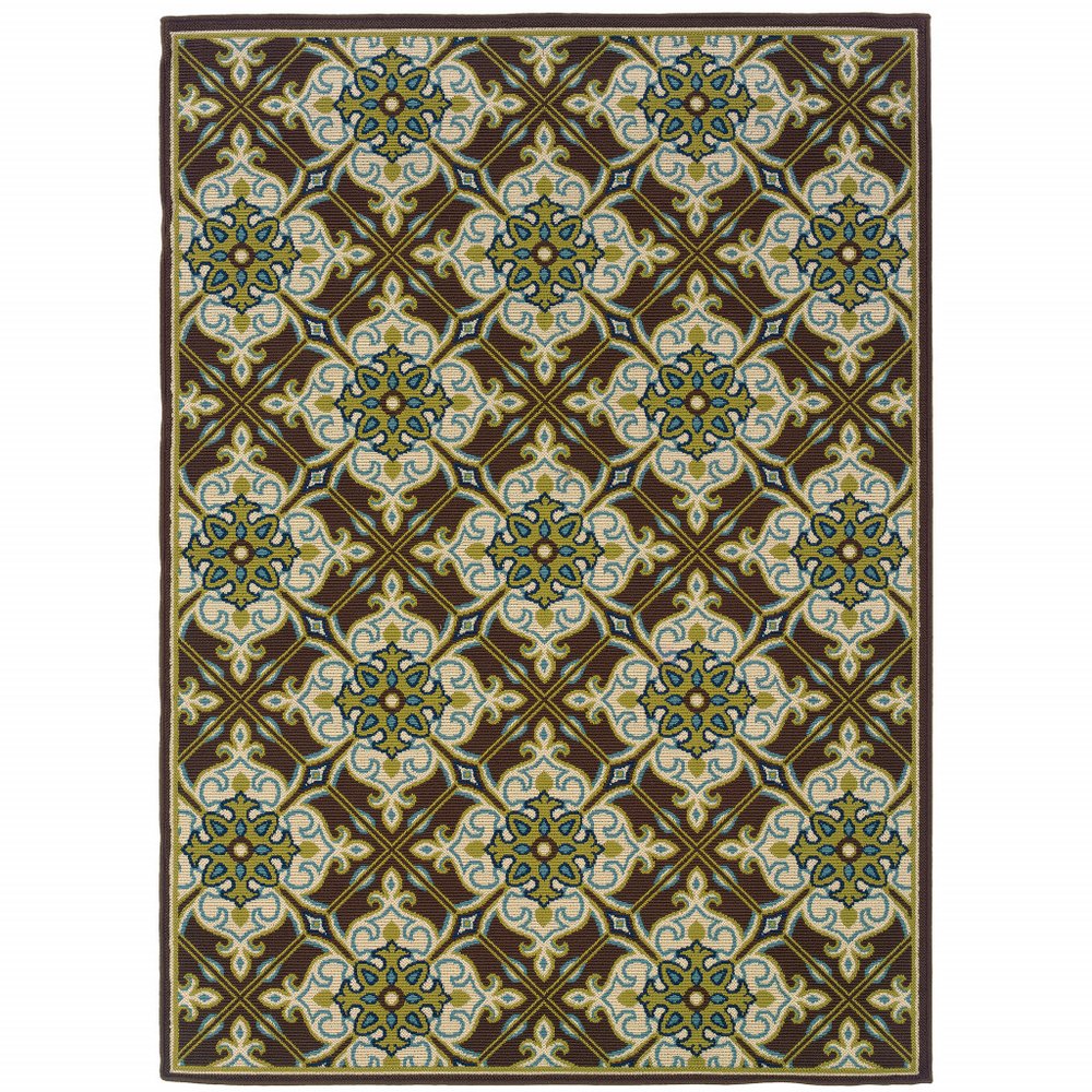 9' X 13' Brown and Ivory Floral Stain Resistant Indoor Outdoor Area Rug