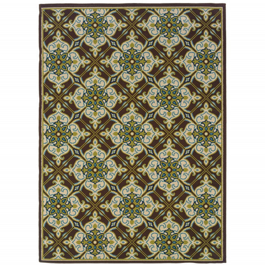 9' X 13' Brown and Ivory Floral Stain Resistant Indoor Outdoor Area Rug