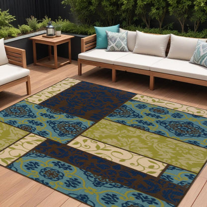 9' X 13' Brown Geometric Stain Resistant Indoor Outdoor Area Rug
