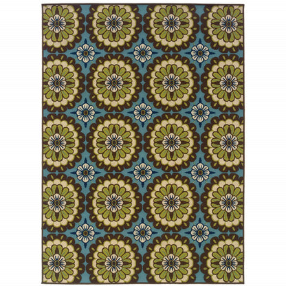 8' X 11' Blue and Green Floral Stain Resistant Indoor Outdoor Area Rug