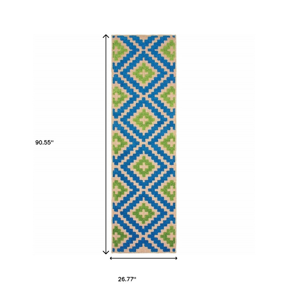 2' X 8' Blue and Beige Geometric Stain Resistant Indoor Outdoor Area Rug