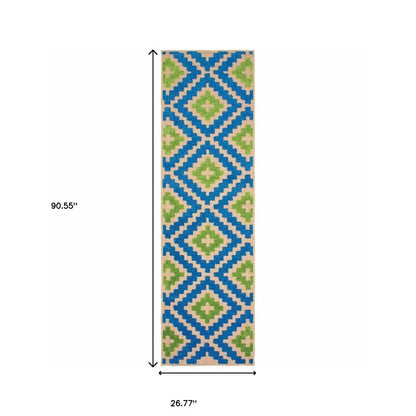 2' X 8' Blue and Beige Geometric Stain Resistant Indoor Outdoor Area Rug