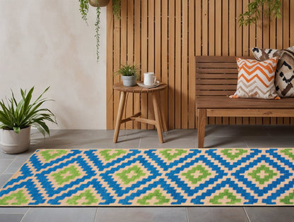 2' X 8' Blue and Beige Geometric Stain Resistant Indoor Outdoor Area Rug