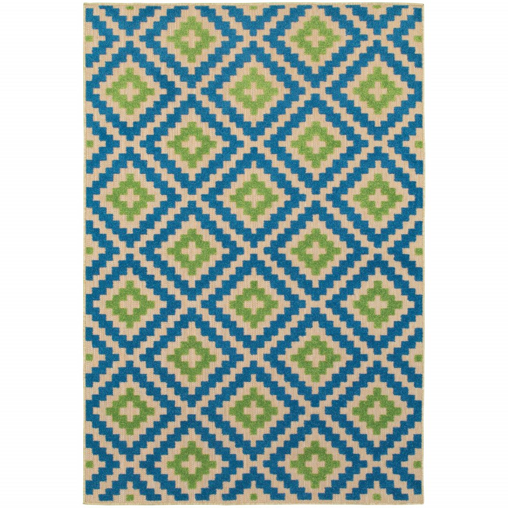 5' X 8' Blue and Beige Geometric Stain Resistant Indoor Outdoor Area Rug