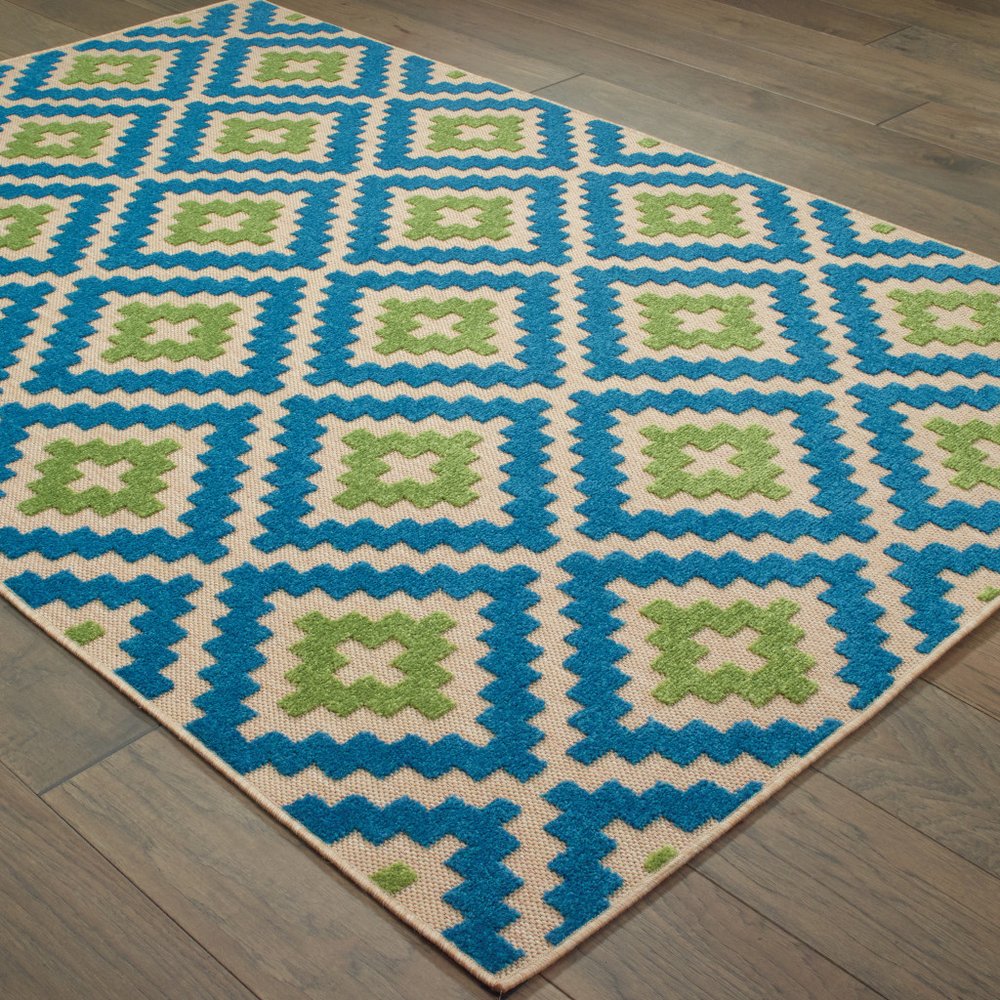 5' X 8' Blue and Beige Geometric Stain Resistant Indoor Outdoor Area Rug