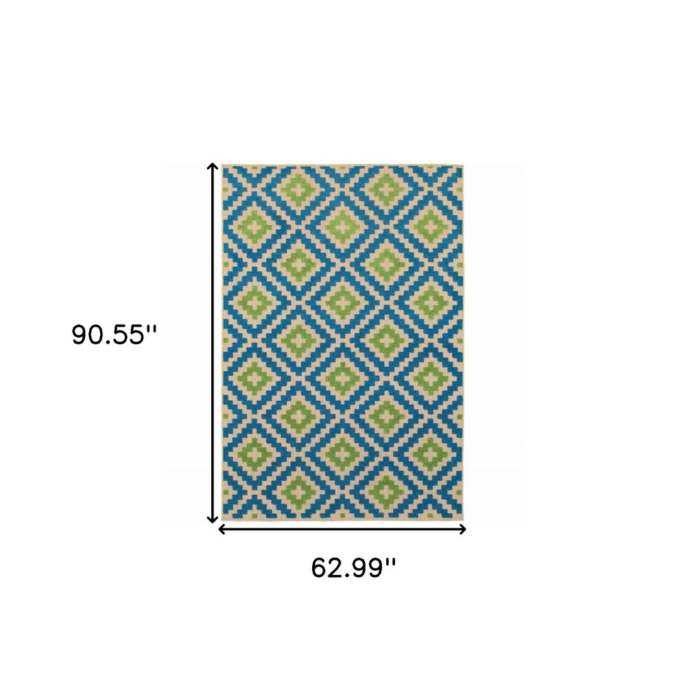 5' X 8' Blue and Beige Geometric Stain Resistant Indoor Outdoor Area Rug