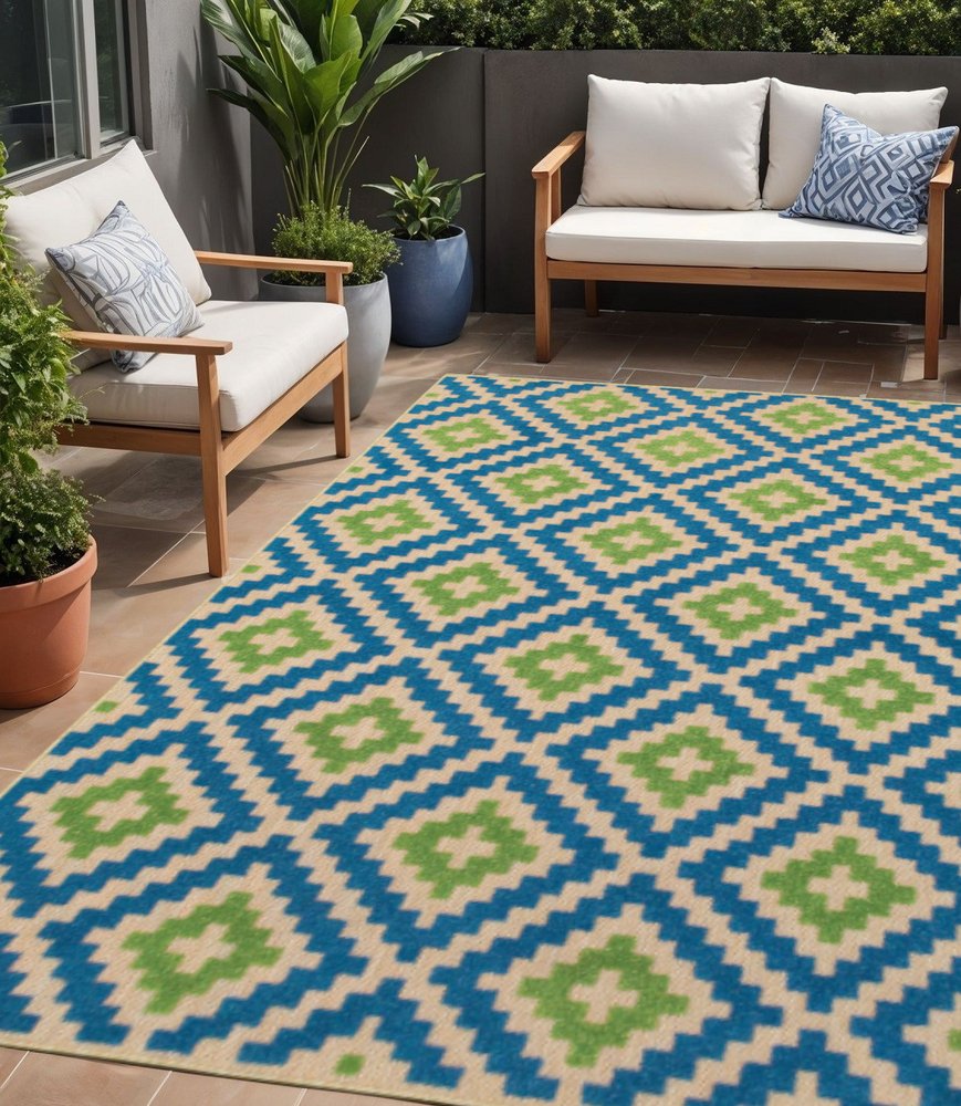 5' X 8' Blue and Beige Geometric Stain Resistant Indoor Outdoor Area Rug