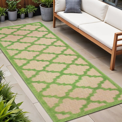 2' X 8' Green Geometric Stain Resistant Indoor Outdoor Area Rug