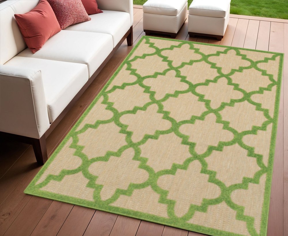 4' X 5' Green Geometric Stain Resistant Indoor Outdoor Area Rug