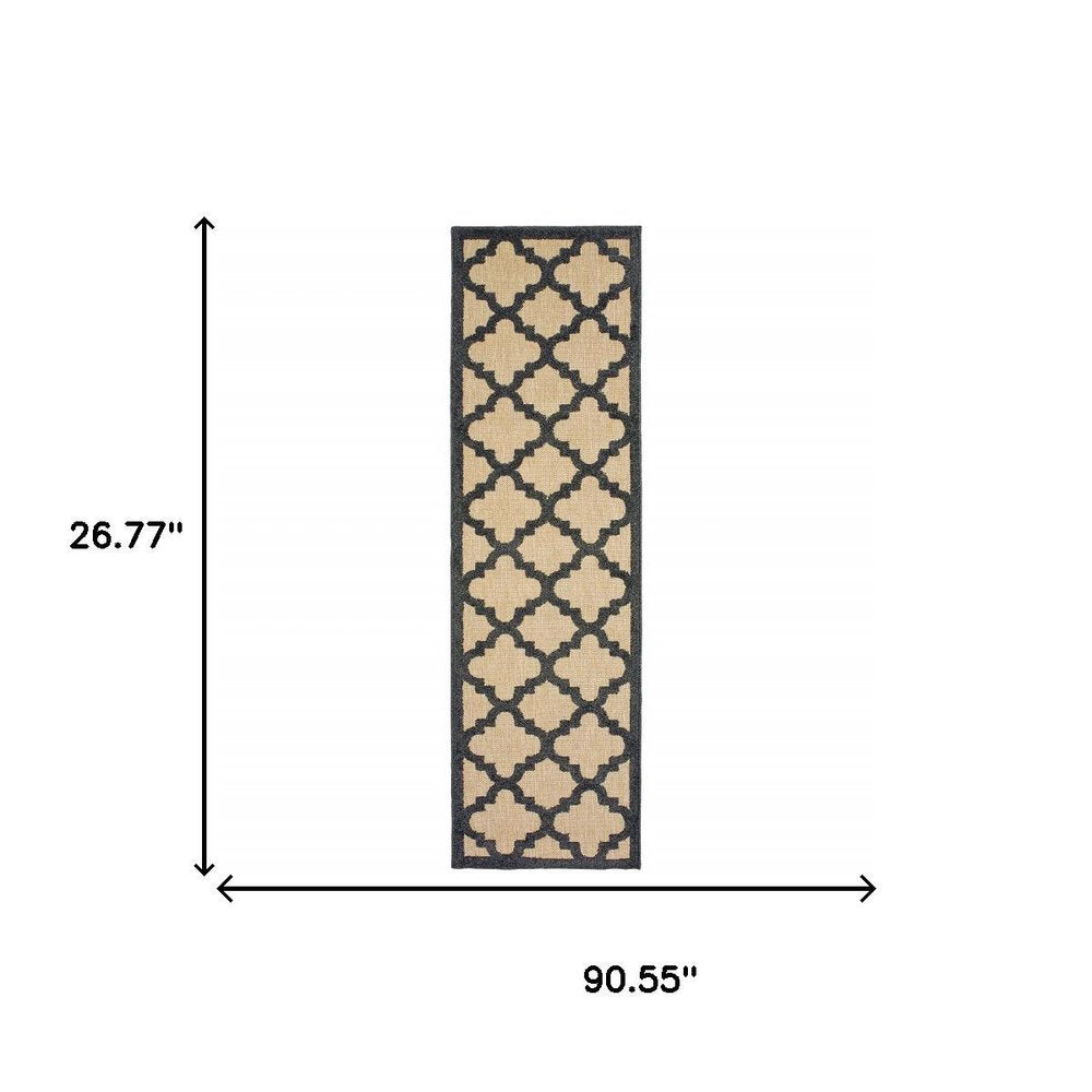 2' X 8' Beige and Black Geometric Stain Resistant Indoor Outdoor Area Rug