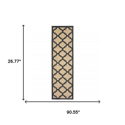 2' X 8' Beige and Black Geometric Stain Resistant Indoor Outdoor Area Rug