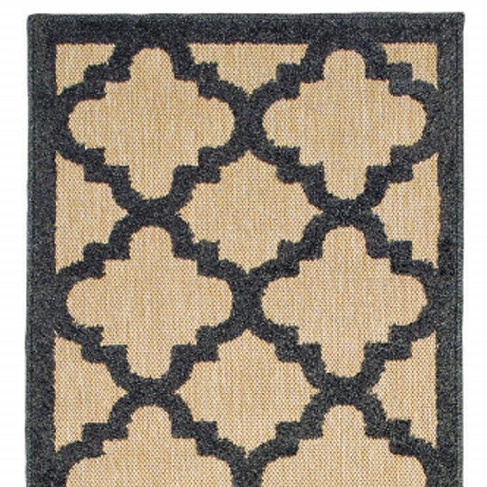 2' X 8' Beige and Black Geometric Stain Resistant Indoor Outdoor Area Rug