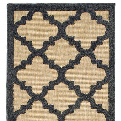 2' X 8' Beige and Black Geometric Stain Resistant Indoor Outdoor Area Rug