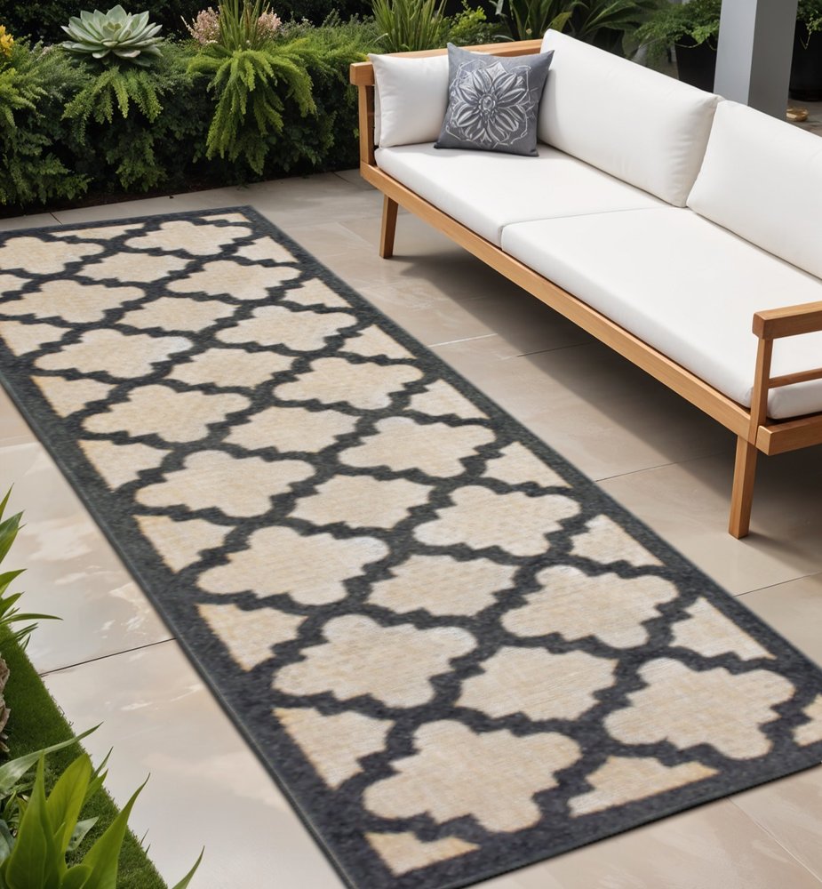 2' X 8' Beige and Black Geometric Stain Resistant Indoor Outdoor Area Rug
