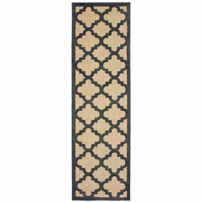 2' X 8' Beige and Black Geometric Stain Resistant Indoor Outdoor Area Rug