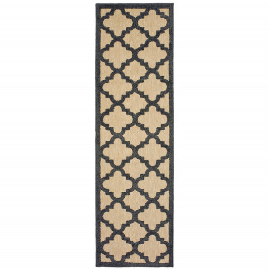 2' X 8' Beige and Black Geometric Stain Resistant Indoor Outdoor Area Rug