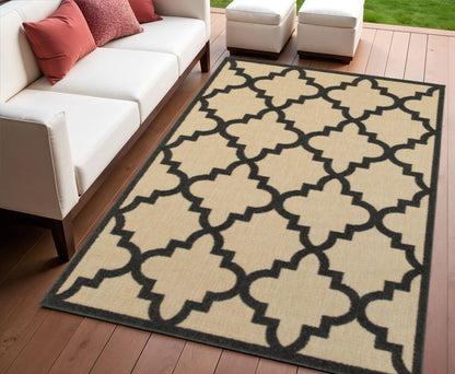 4' X 5' Beige and Black Geometric Stain Resistant Indoor Outdoor Area Rug