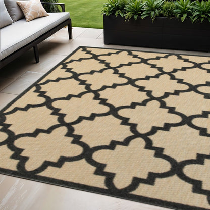 5' X 8' Beige and Black Geometric Stain Resistant Indoor Outdoor Area Rug