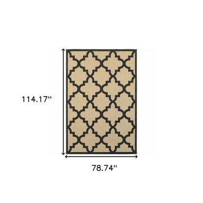 7' X 10' Beige and Black Geometric Stain Resistant Indoor Outdoor Area Rug