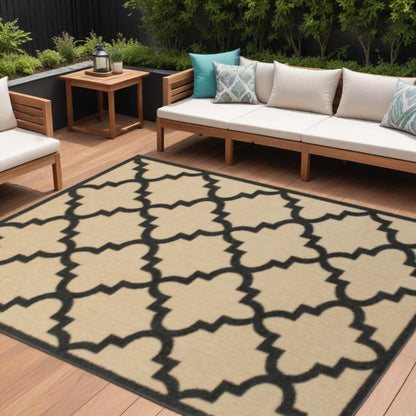 8' X 11' Beige and Black Geometric Stain Resistant Indoor Outdoor Area Rug