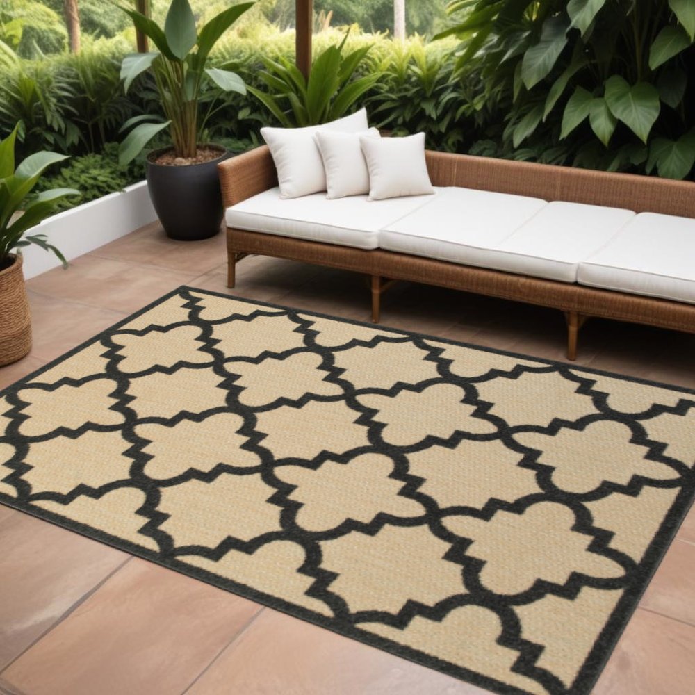 10' X 13' Beige and Black Geometric Stain Resistant Indoor Outdoor Area Rug