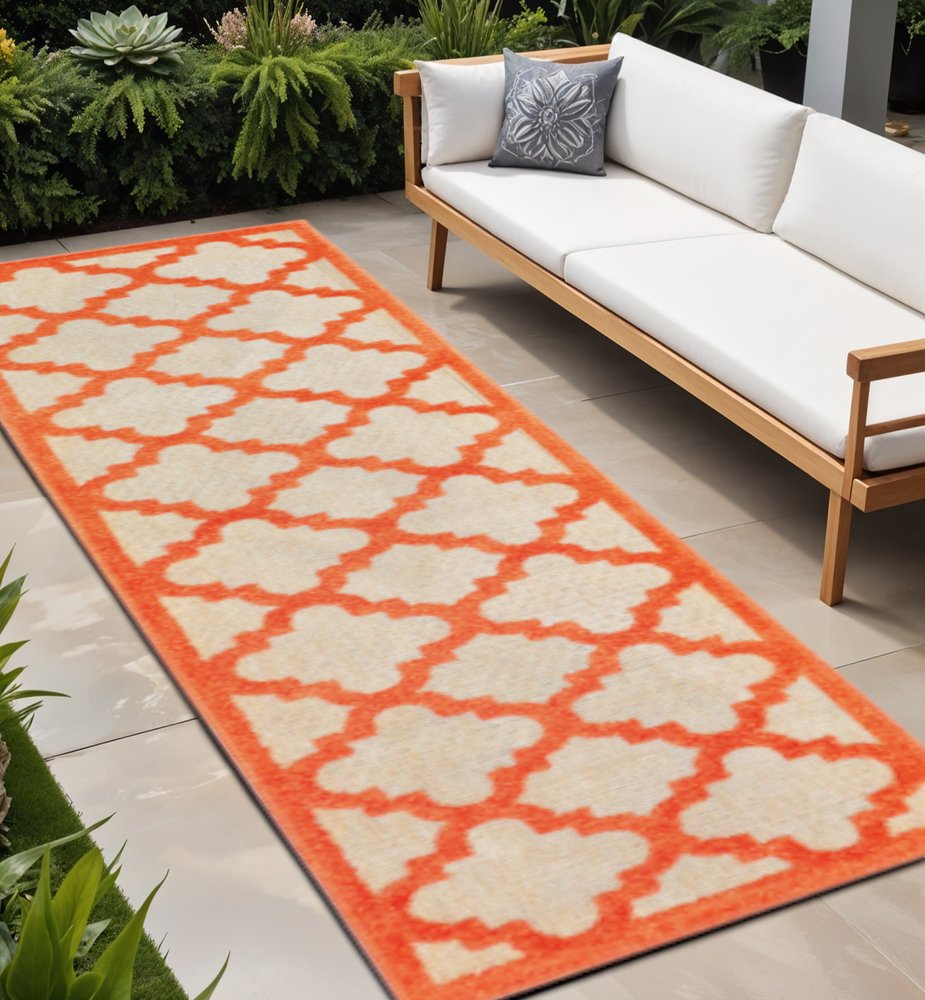 2' X 8' Orange Geometric Stain Resistant Indoor Outdoor Area Rug