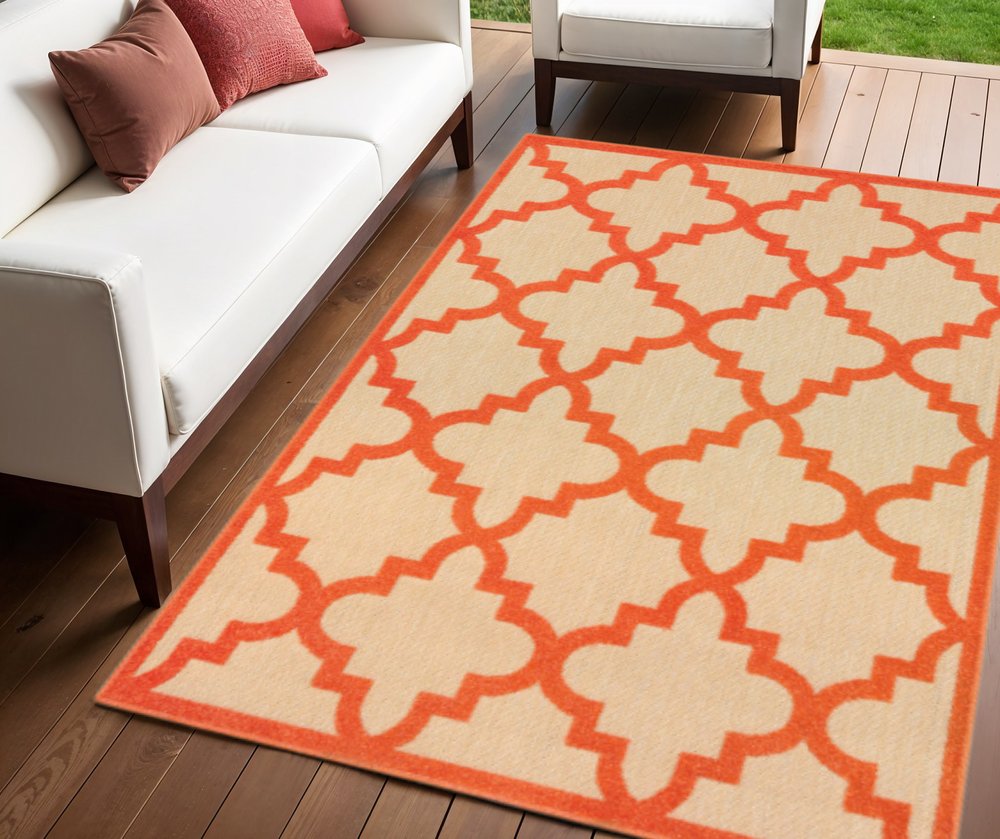 4' X 5' Orange Geometric Stain Resistant Indoor Outdoor Area Rug