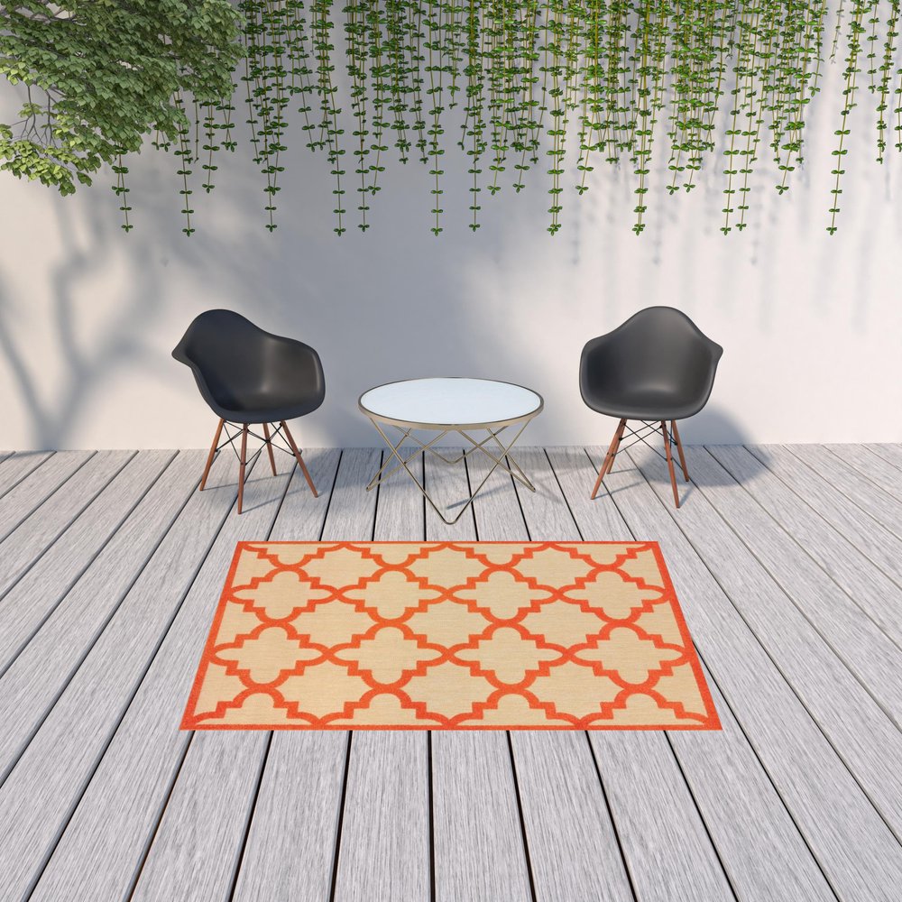 5' X 8' Orange Geometric Stain Resistant Indoor Outdoor Area Rug