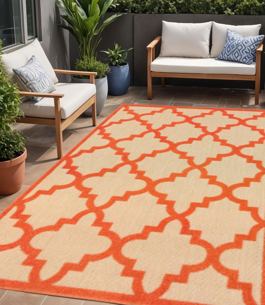 5' X 8' Orange Geometric Stain Resistant Indoor Outdoor Area Rug