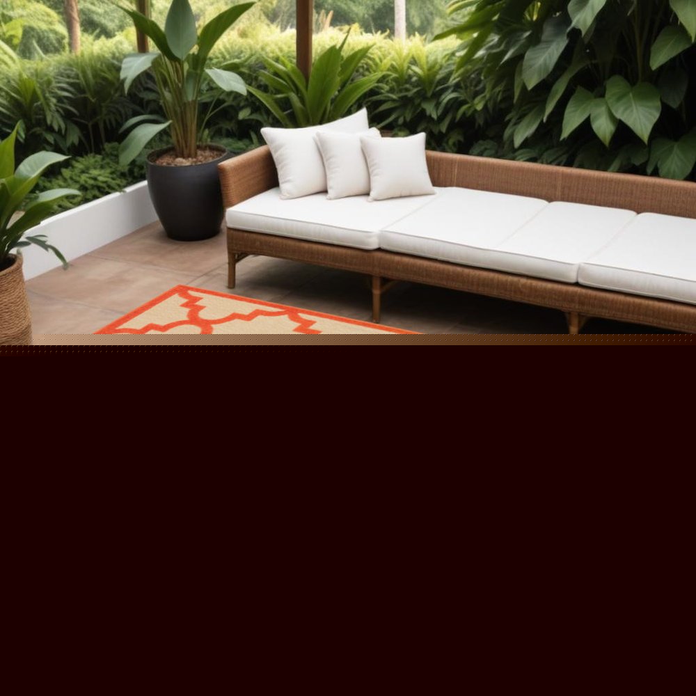 7' X 10' Orange Geometric Stain Resistant Indoor Outdoor Area Rug