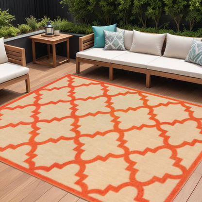 8' X 11' Orange Geometric Stain Resistant Indoor Outdoor Area Rug