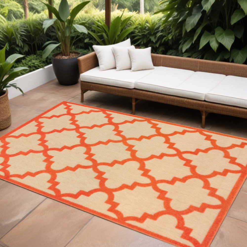 10' X 13' Orange Geometric Stain Resistant Indoor Outdoor Area Rug