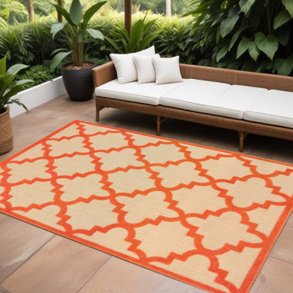 10' X 13' Orange Geometric Stain Resistant Indoor Outdoor Area Rug