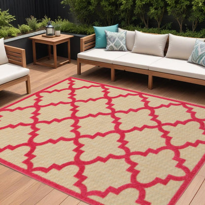 7' X 10' Red Geometric Stain Resistant Indoor Outdoor Area Rug