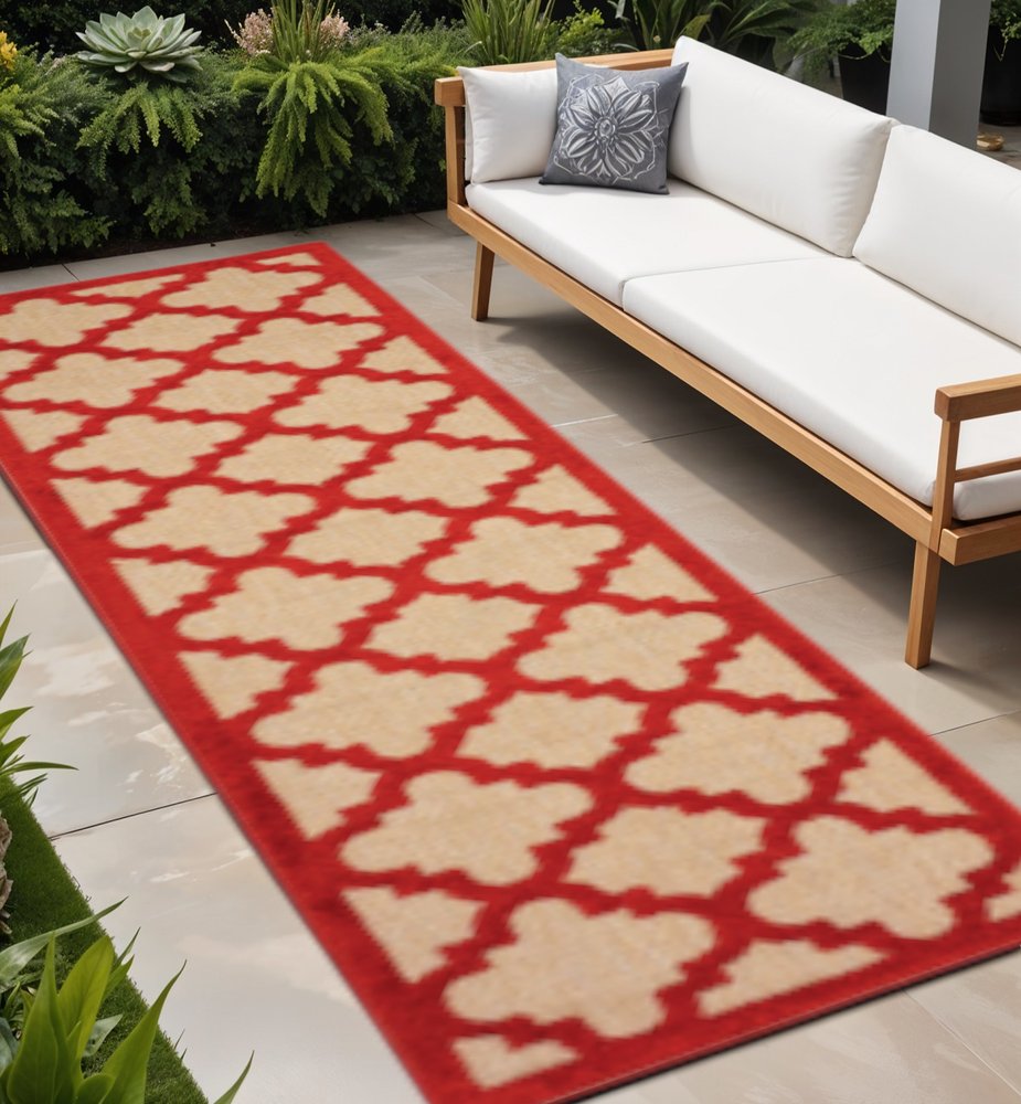 2' X 8' Red Geometric Stain Resistant Indoor Outdoor Area Rug