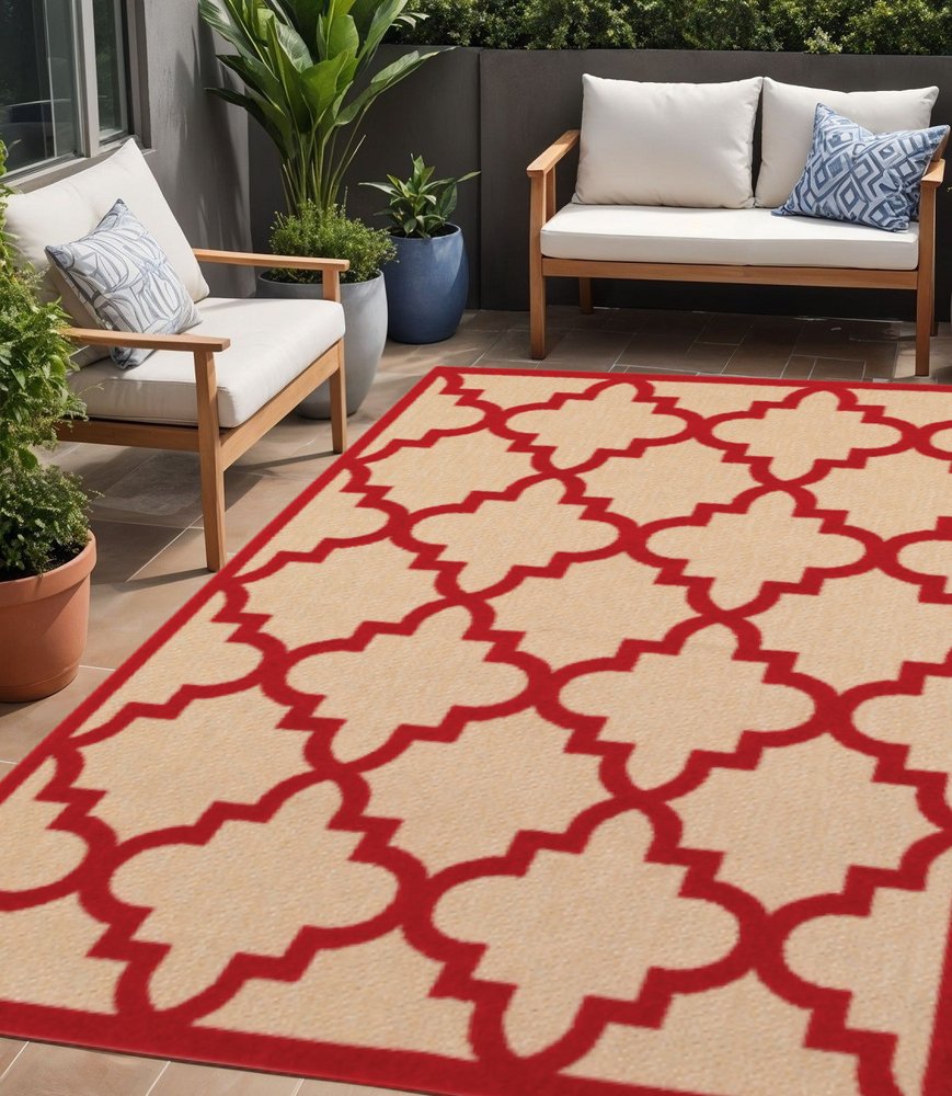 5' X 8' Red Geometric Stain Resistant Indoor Outdoor Area Rug