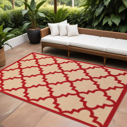 7' X 10' Red Geometric Stain Resistant Indoor Outdoor Area Rug