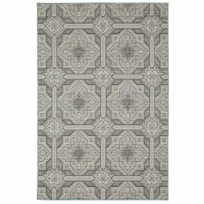10' X 13' Blue and Gray Geometric Stain Resistant Indoor Outdoor Area Rug