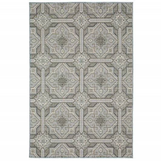 10' X 13' Blue and Gray Geometric Stain Resistant Indoor Outdoor Area Rug