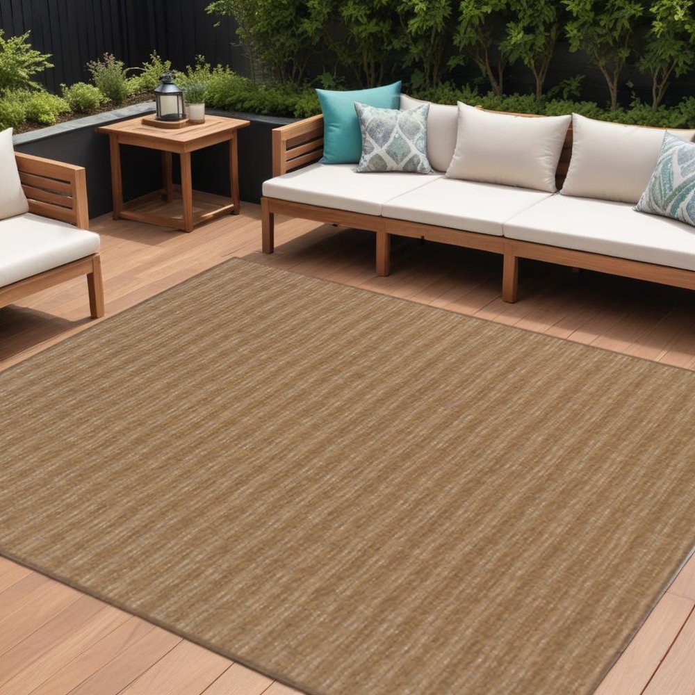 8' X 11' Tan Striped Stain Resistant Indoor Outdoor Area Rug
