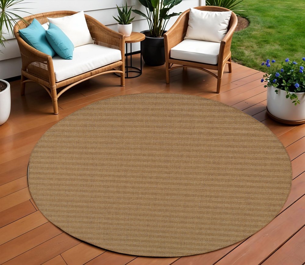 8' X 8' Tan Round Striped Stain Resistant Indoor Outdoor Area Rug