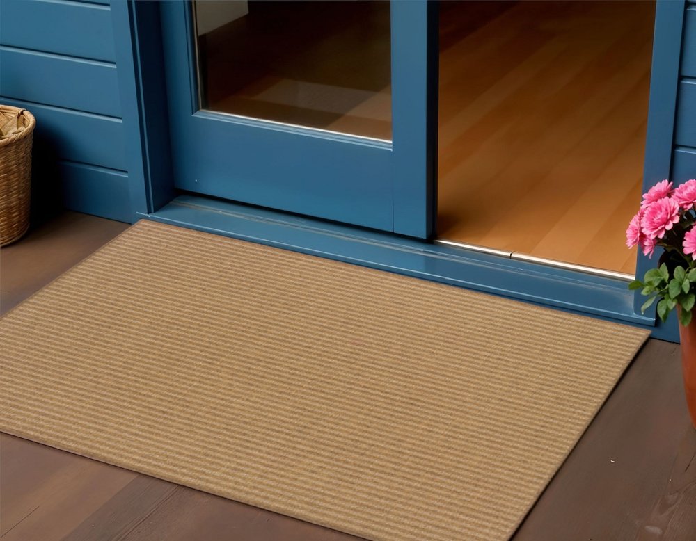 2' X 4' Tan Striped Stain Resistant Indoor Outdoor Area Rug