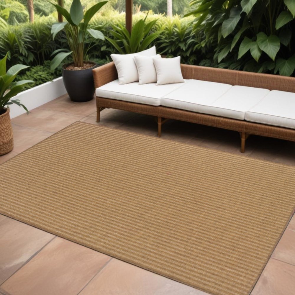 9' X 13' Tan Striped Stain Resistant Indoor Outdoor Area Rug