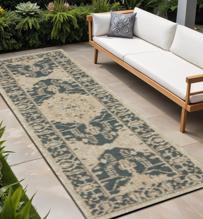 2' X 8' Gray Oriental Stain Resistant Indoor Outdoor Area Rug